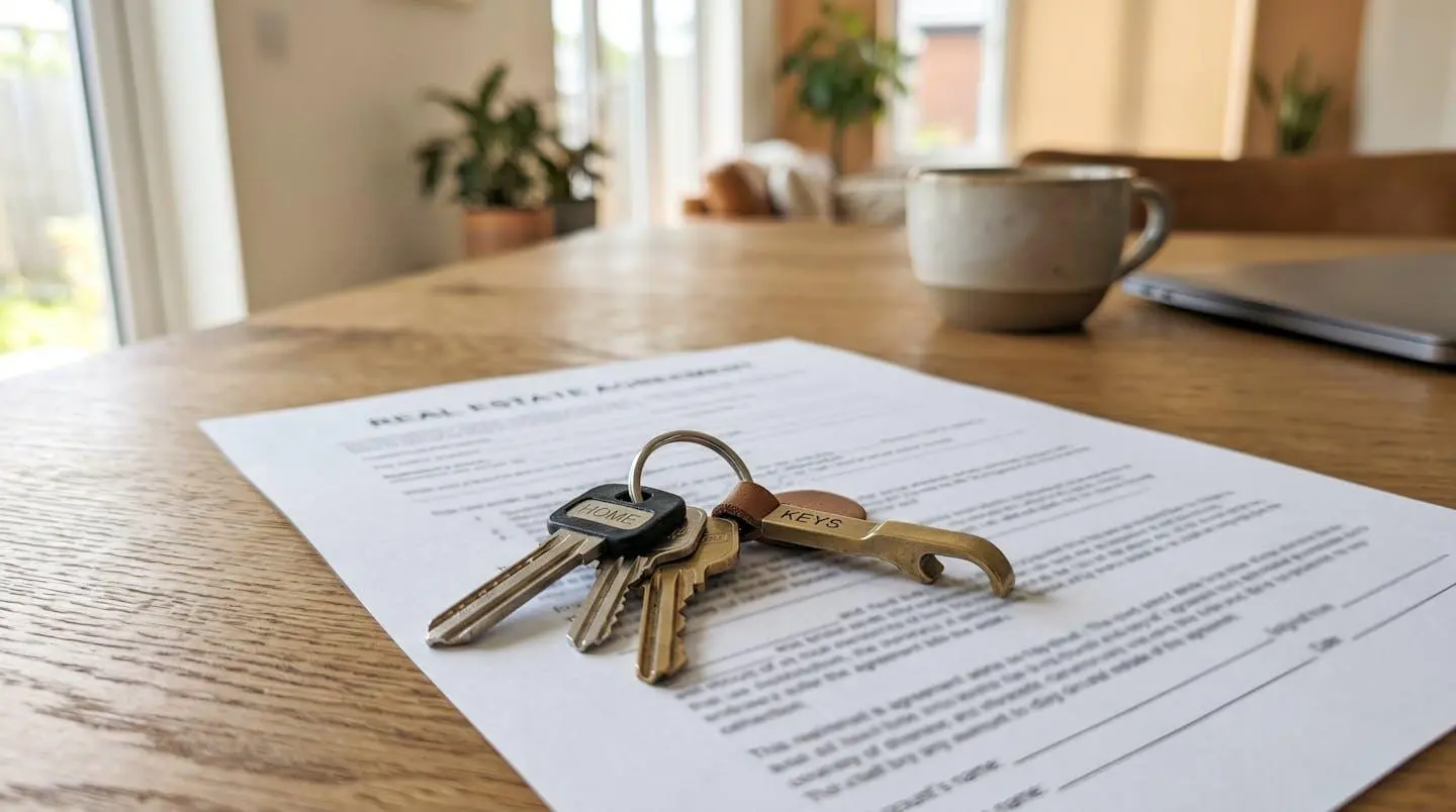 Gros plan sur des clés de maison posées sur un document immobilier partiellement visible et flouté, surface de table en bois moderne, lumière naturelle latérale
