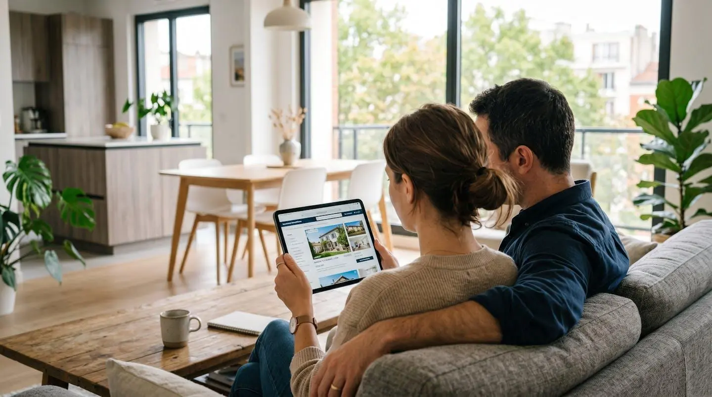 Un couple vu de dos consulte ensemble des annonces immobilières sur une tablette dans un intérieur lumineux et moderne