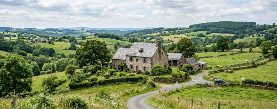 Vue d'une maison traditionnelle corrézienne en pierre et ardoise, nichée au milieu de collines verdoyantes sous une lumière naturelle douce