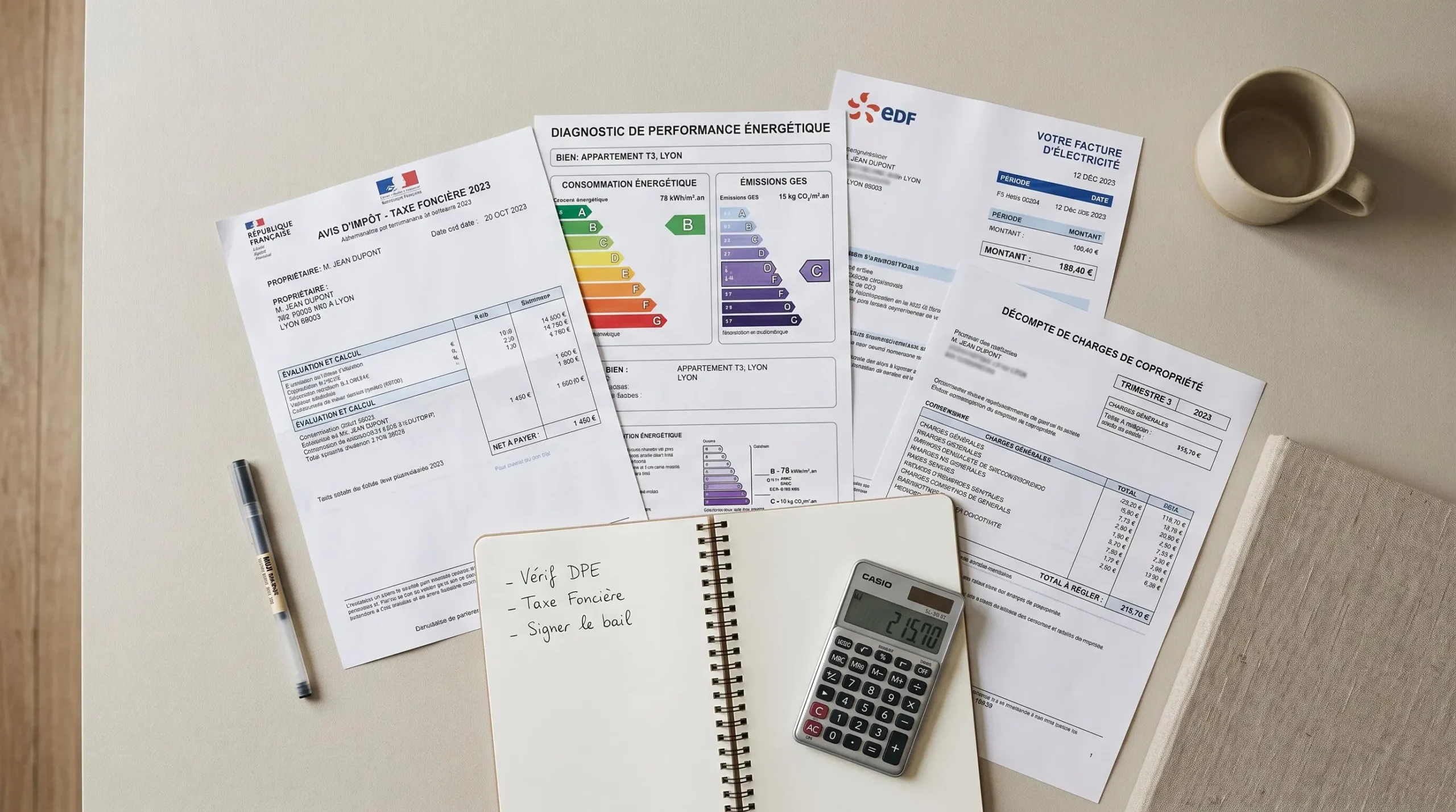 Documents administratifs français d'achat immobilier posés sur bureau : avis taxe foncière, diagnostic DPE et factures avec calculatrice