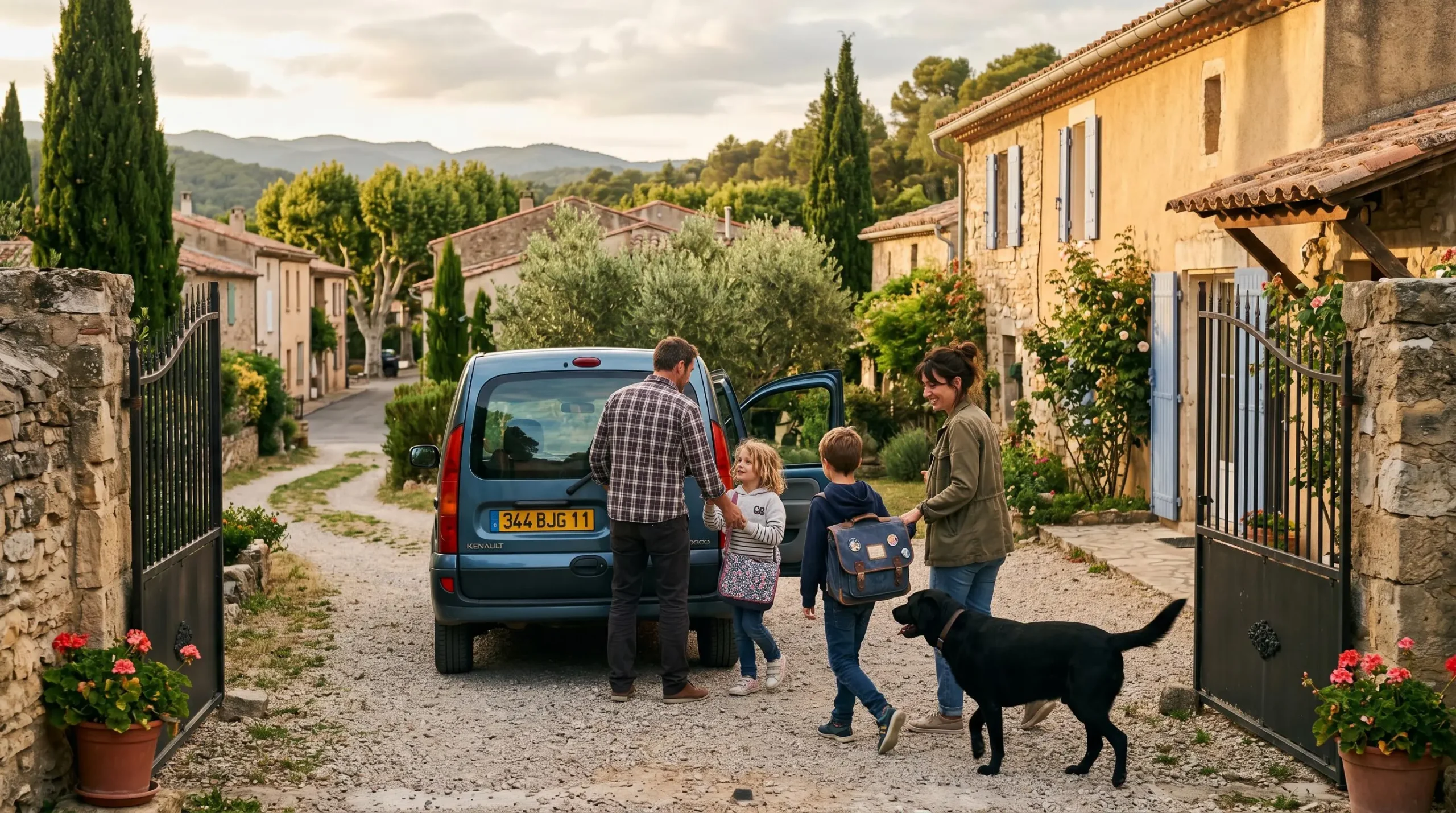 Famille arrivant en voiture devant leur maison en zone périurbaine de l'Aude avec enfants sortant du véhicule et cartables visibles