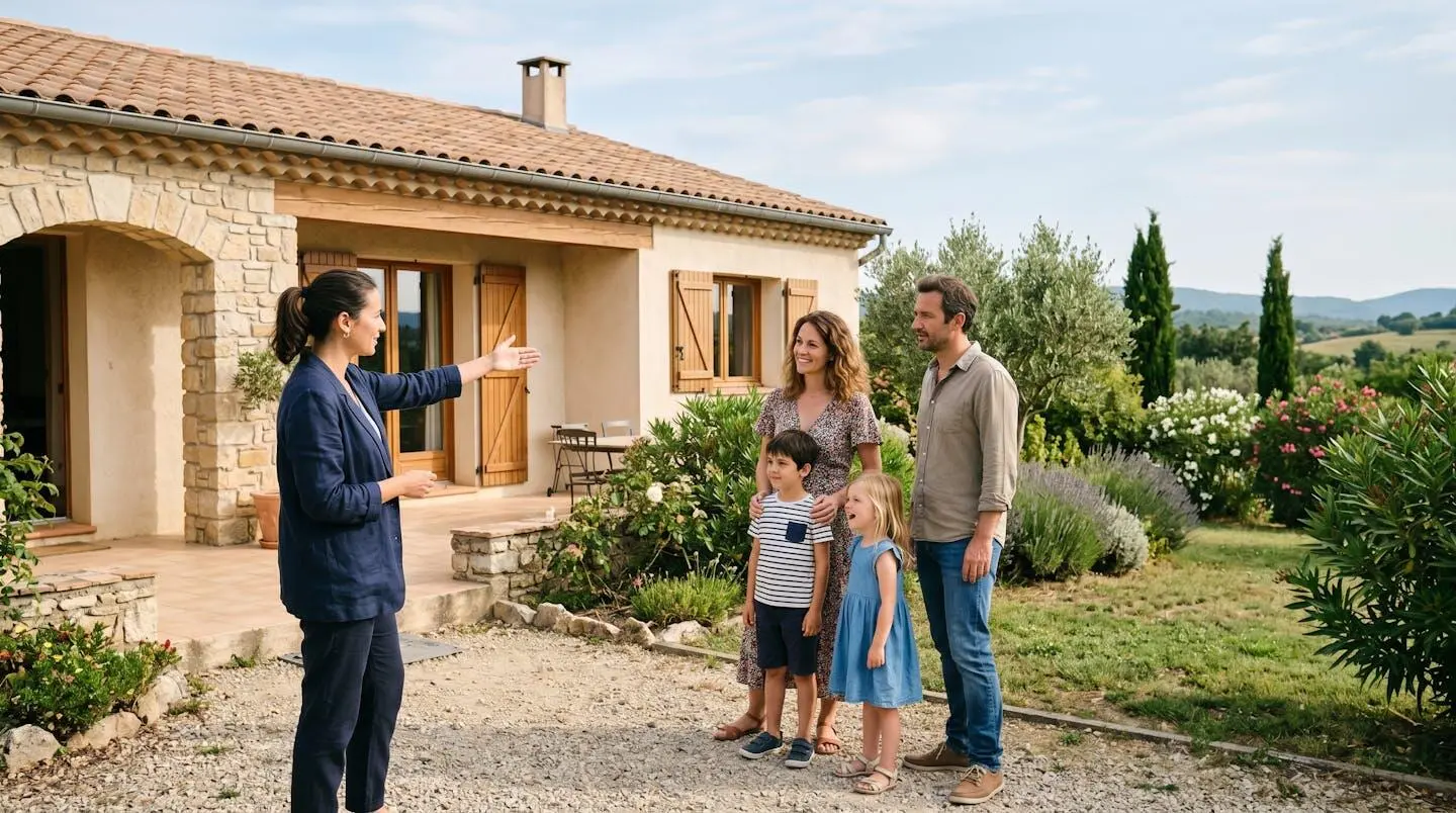 Famille de quatre personnes visitant une maison individuelle méditerranéenne avec jardin en présence d'un agent immobilier FNAIM dans la région de l'Aude