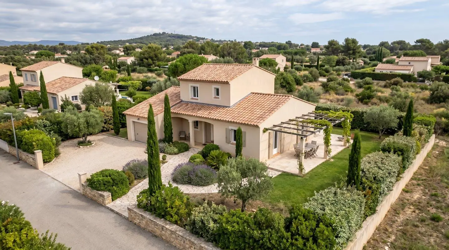 Vue aérienne architecturale d'une maison familiale méditerranéenne de plain-pied avec jardin aménagé montrant la répartition des espaces habitables